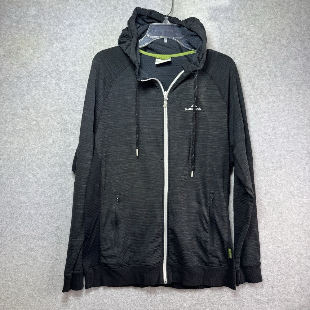 Kathmandu Jacket Hood Mens Large Full Zip Black Gray Hiking Outdoor Long Sleeve